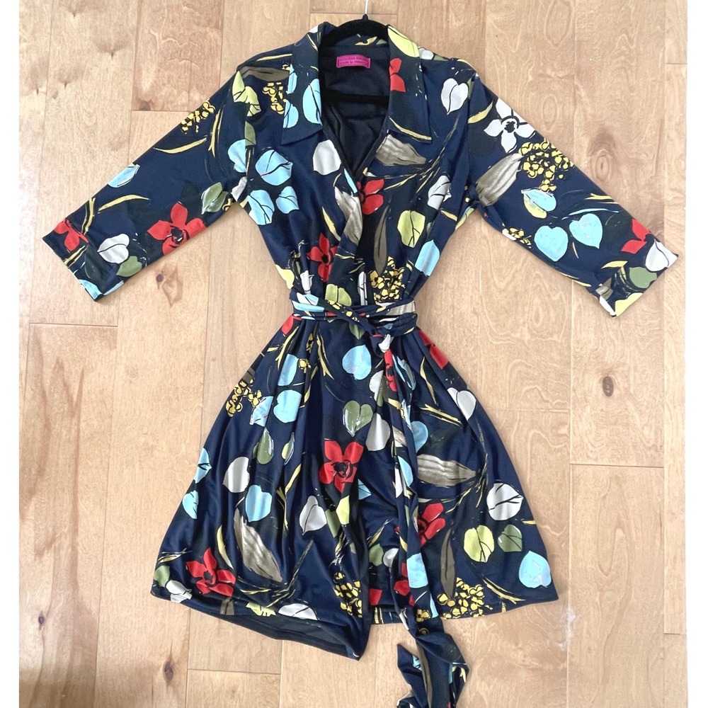 Melissa Masse Navy Blue Stretch Floral  Wrap Dress 3/4 sleeve Size 2X Collared